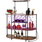 Wine Bar Cabinet with LED Lights and Power Outlets, Wine Rack Table for Liquor and Glasses for Home Kitchen Dining Room, White/Brown