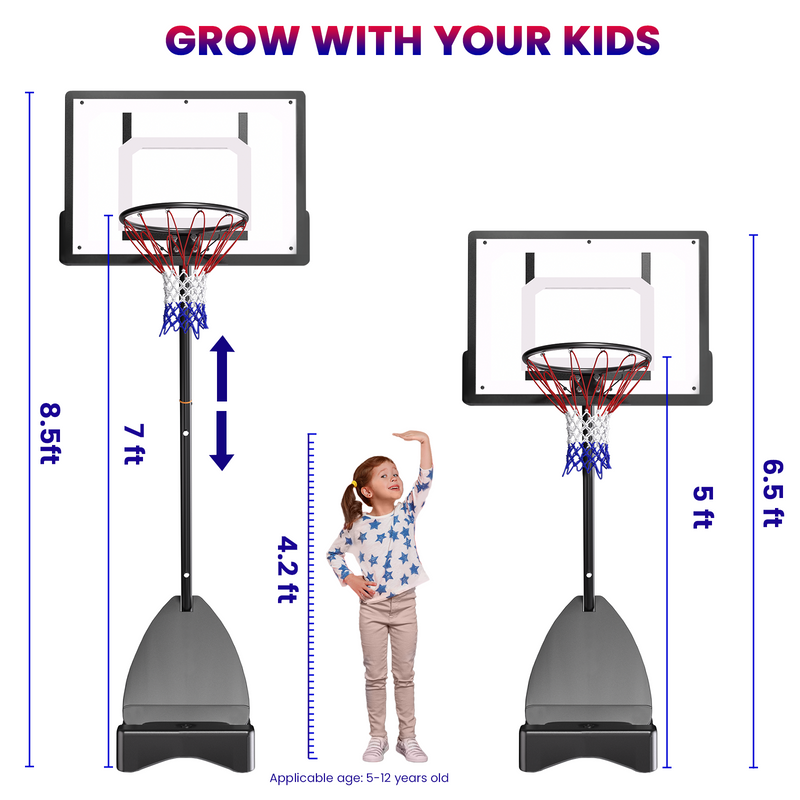 Vecukty 33" Portable Basketball Hoop for Kids, Exactaheight™ Performance Acrylic Adjustable Height 5-7' Basketball Hoop for HOA
