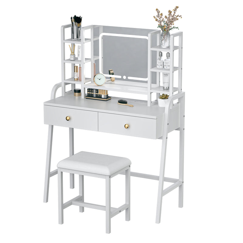 Eunon Vanity Desk with LED Lighted Mirror & Power Outlet, Makeup Table with Drawers & Adjustable Cabinet,Storage Stool,for Bedroom, Dressing Room,White