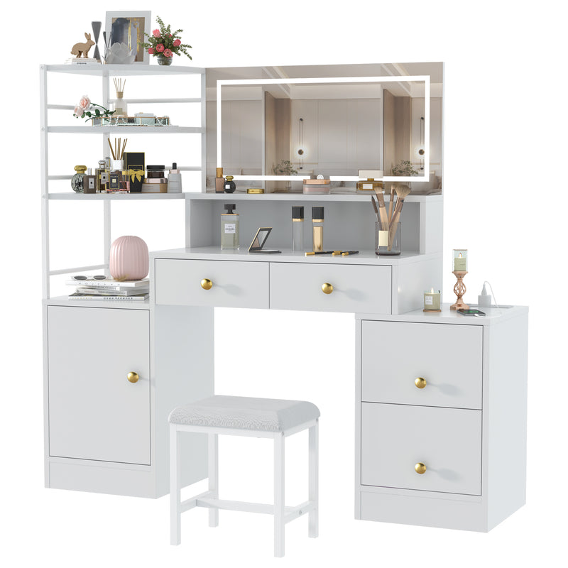 Eunon Large Makeup Vanity Desk with Extral Large Mirror & LED Light,Vanity Dressing Table with Power Strip,Adjustable Lighting,Storage Shelves & 5 Drawers,Cushioned Stool for Bedroom, Dressing Room