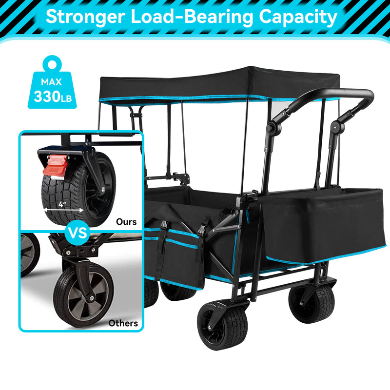 Collapsible Camping Wagon Garden Cart with Removable Canopy, Keenstone Foldable Outdoor Wagon Utility Carts with Fat Wheels and Rear Storage, for Grocery Shopping Cart,Black-09797164500569