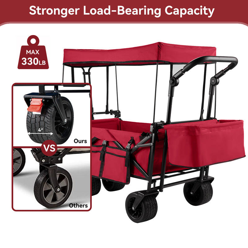 Collapsible Garden Wagon Cart with Removable Canopy, Keenstone Foldable Wagon Utility Carts with Wheels and Rear Storage, Wagon Cart for Garden Camping Grocery Shopping Cart, Red
