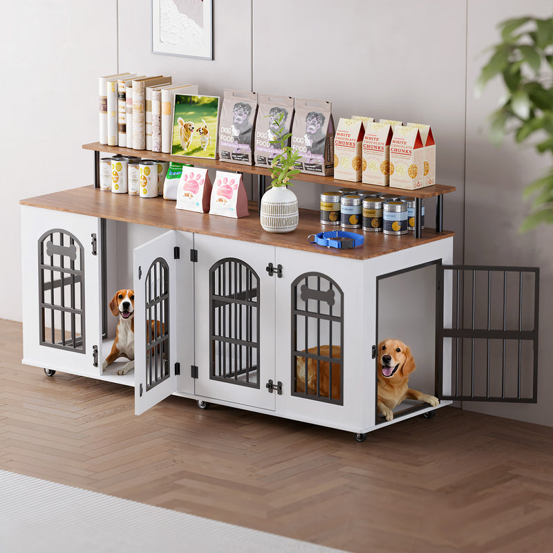Behost 71" Double Dog Crate with Removable Divider Double Doors Wheels and Bone Shaped Nameplate for Large Dogs Industrial Brown