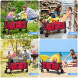Gathered Collapsible Camping Wagon, Vecukty Portable Foldable Cart, Heavy Duty Folding Utility Grocery Wagon with 150lbs, for Shopping,Sports,Fishing,Beach,Garden,Red