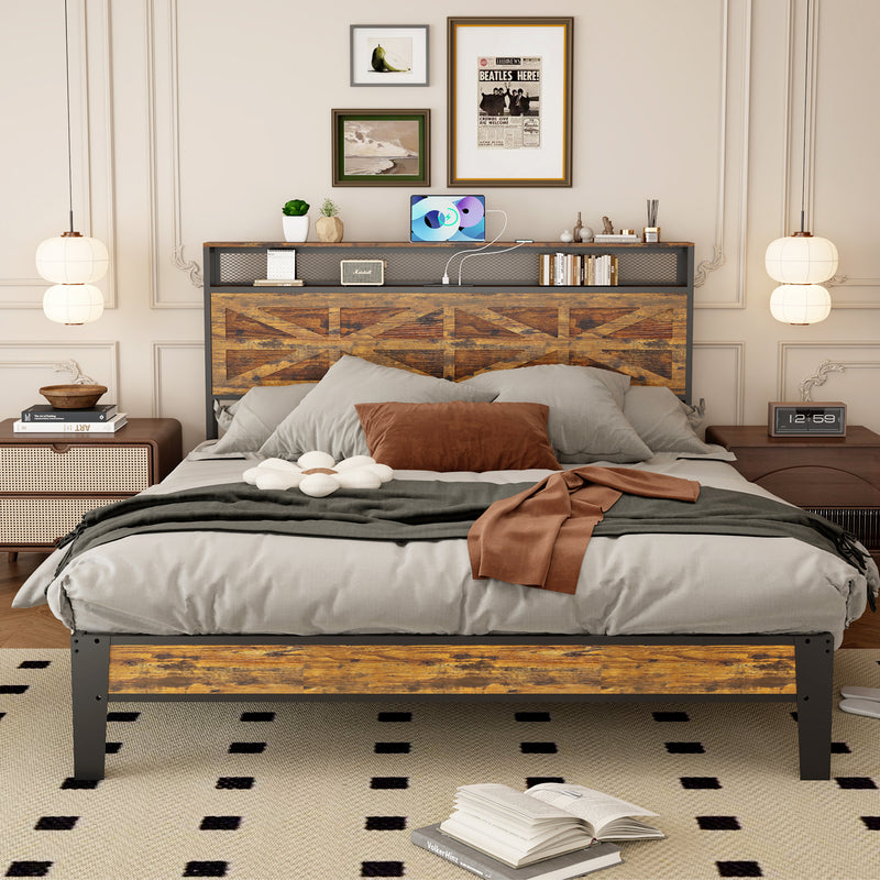 Behost Queen Size Bed Frame with Wooden Headboard and Footboard, Power Outlets Metal Platform Beds, No Box Spring Needed, Vintage Brown