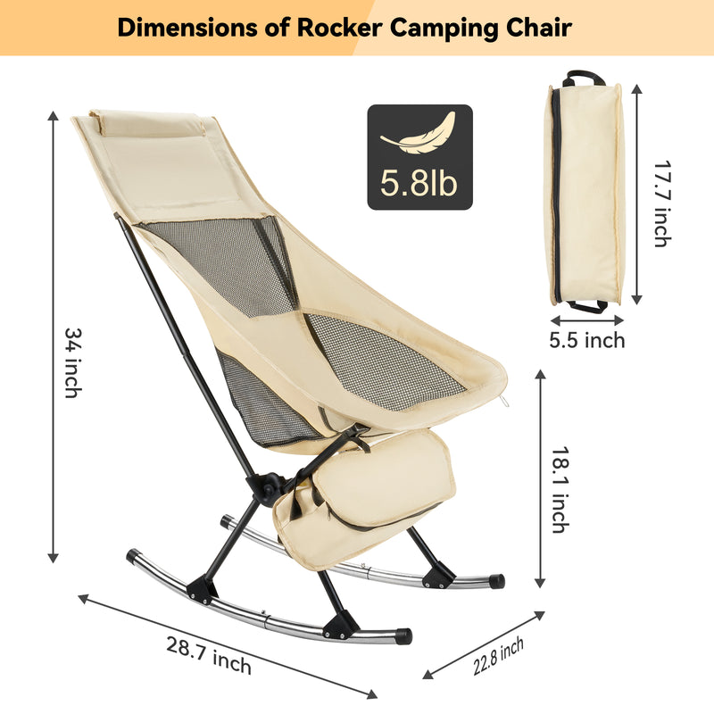 Camping Chair, VECUKTY High Back Rocking Chair 240 lbs Capacity, Heavy Duty Compact Outdoor Portable Folding Rocker Chair for Camping Hiking Gardening Travel Beach Picnic,Beige