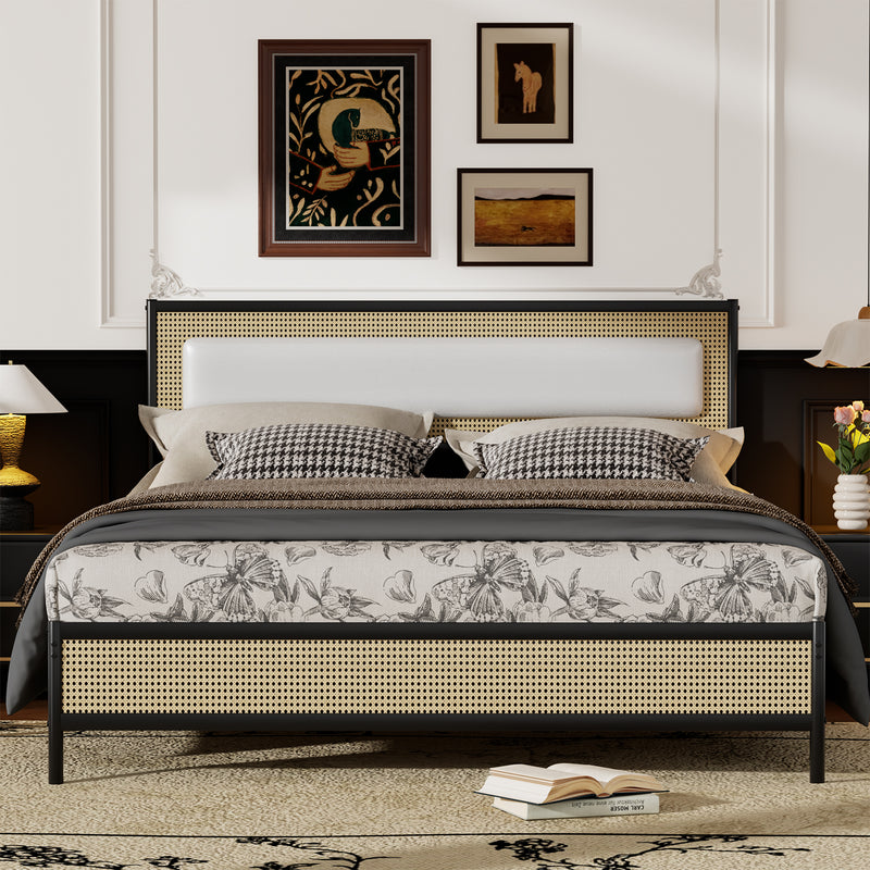 Behost Queen Size Platform Bed Frame with Rattan Headboard and Footboard, Metal Slat Support, Modern, Beige