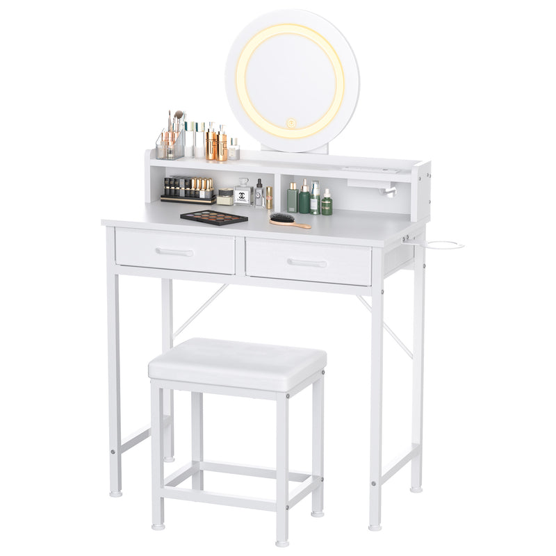 Eunon Makeup Vanity Desk with Mirror & Lights,Vanity Table with Fabric Drawers,Power Outlet & Stool,3 Color Modes & Adjustable Brightness Dressing Table, White