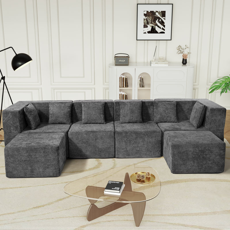 130" Oversied Modular Sectional Sofa Set, Convertible U Shaped Cloud Couch with Ottoman and 6 Pillows, Gray