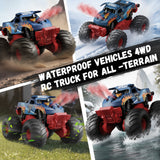 Vecukty RC Monster Truck，Waterproof Amphibious Remote Control Car With Lights & Sprays，2.4GHz All Terrain Off-Road Pickup Truck，Christmas Birthday Gift Toys for Boys and Girls Kids 4-12