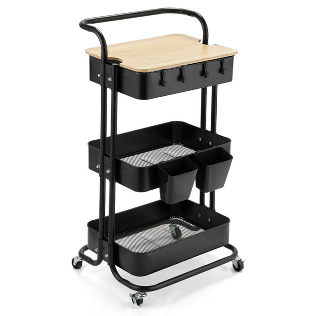 3 Tier Metal Utility Rolling Cart with Cover Board, Rolling Storage Cart with Handle and Locking Wheels, Kitchen Cart with 2 Small Baskets and 4 Hooks for Bathroom Office Balcony Living Room, Black