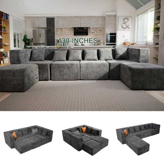 BEHOST 130" Oversized Modular Sectional Sofa for Living Room, Flexible Combination U Shaped Chenille Cloud Couch, Dark Gray