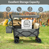 Collapsible Garden Wagon Cart with Removable Canopy, VECUKTY Foldable Wagon Utility Carts with Wheels and Rear Storage, Wagon Cart for Garden Camping Grocery Shopping Cart, Gray