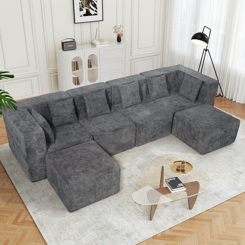 130" Oversied Modular Sectional Sofa Set, Convertible U Shaped Cloud Couch with Ottoman and 6 Pillows, Gray