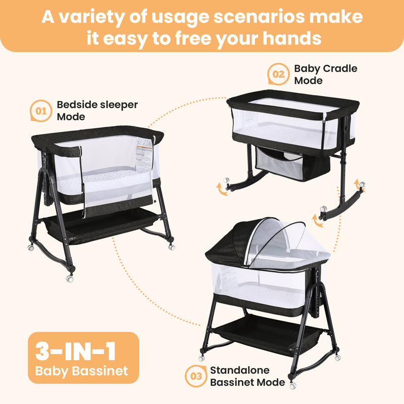 SACVON Baby Bassinet Bedside Sleeper - 6-Height Adjustable Crib to Match Adult Bed, Breathable Mesh Walls, Includes Mattress & Storage Basket, Black