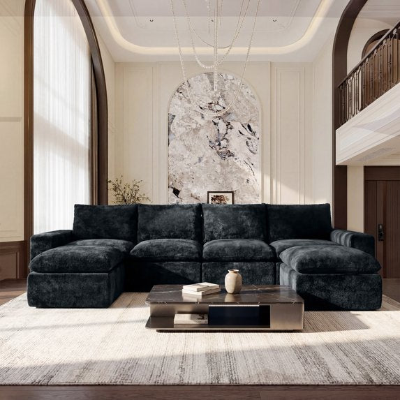 BEHOST 6-Piece 130" U-Shaped Modular Sectional Sofa, Velvet Cloud Sleeper Couch with 2 Movable Ottomans, Oversized Deep Seat Living Room Furniture Set,Dark Gray