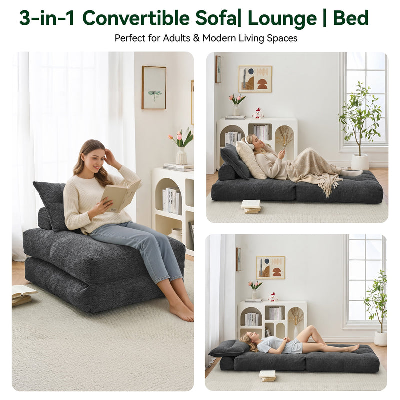 BEHOST 86" Oversized Folding Sofa Bed, Teddy Fabric Futon Couch Sleeper for Living Room, Dark Gray