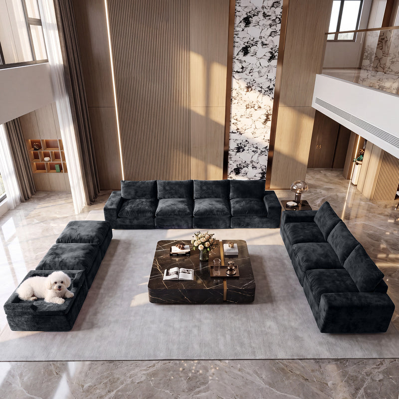 BEHOST 10-Piece Oversize U-Shaped Modular Sectional Sofa, Velvet Cloud Sleeper Couch with Dog Bed & 3 Movable Ottomans, Oversized Deep Seat Living Room Furniture Set,Dark Gray