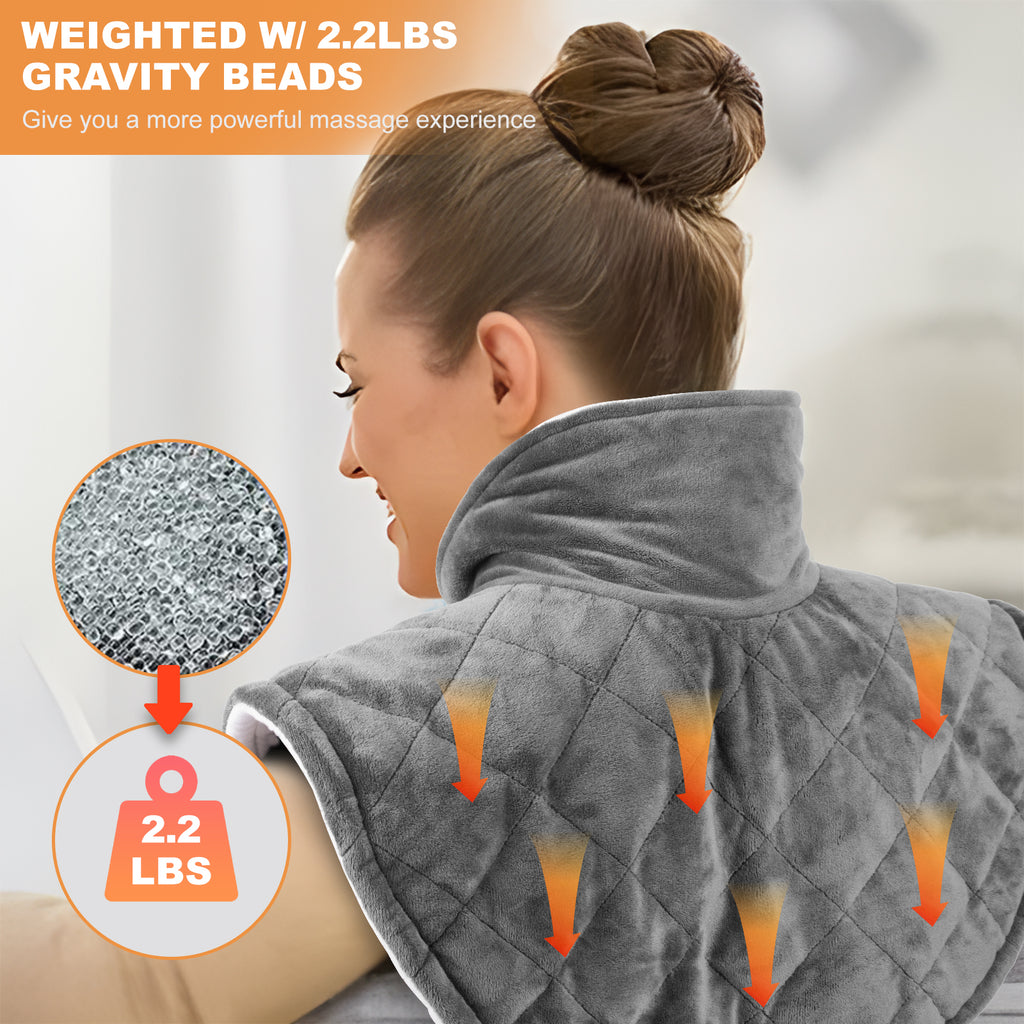 Keenstone Weighted Heating Pad for Neck and Shoulders Gray, 2.2lb Large Electric Heated Neck Shoulder Wrap for Pain Relief - 5 Heat Settings, 4 Auto-Off with Countdown - 19.3"x22.4"