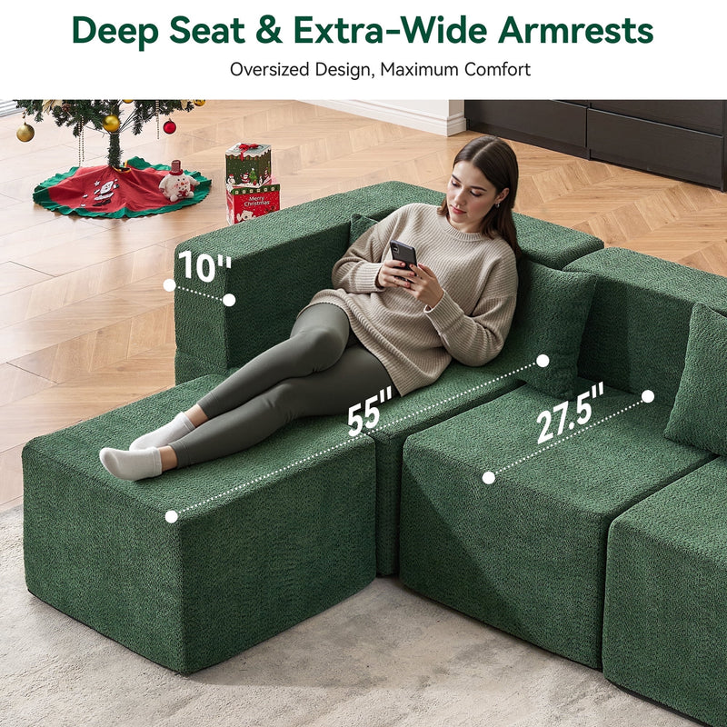 BEHOST 202.5" Modular Sectional Sofa with 2 Ottomans and 8 Pillows, 27.5" Deep Seat, No Assembly Required, Forest Green
