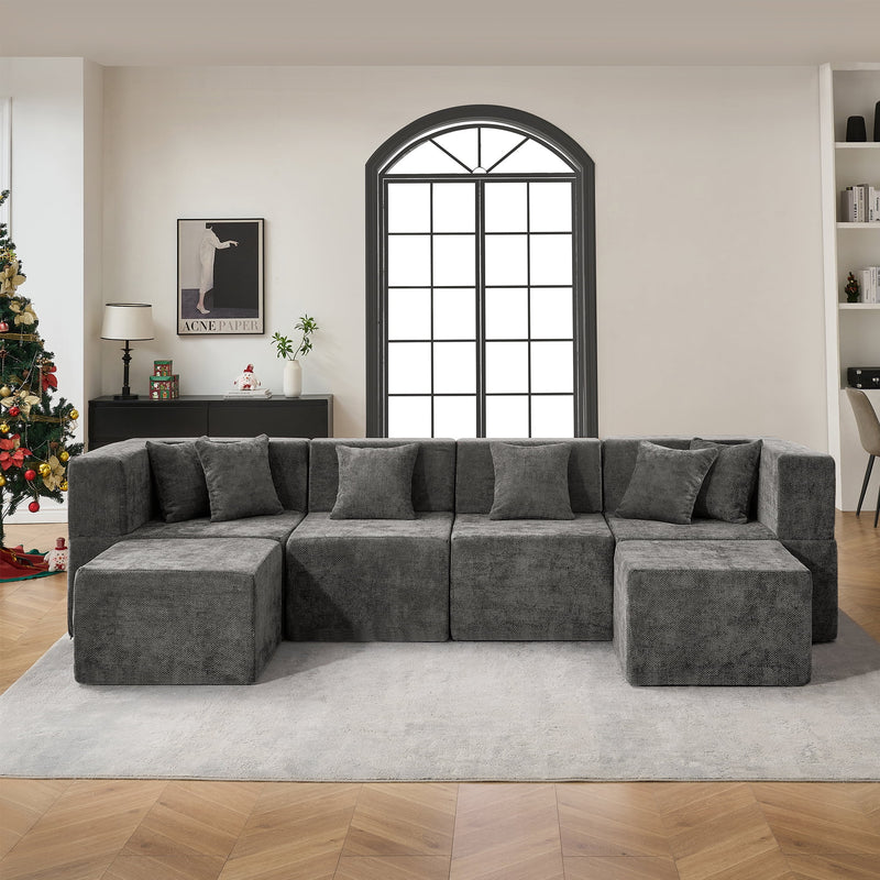 BEHOST 130" U-Shaped Modular Sectional Sofa, 6-Piece Cloud Couch with 2 Movable Ottomans, Extra Deep Seat Chenille Sleeper Sofa, Flexible Oversized Modern Sofa Set for Living Room, Chenille Dark Gray