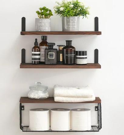 Set Of 3 Floating Wall Shelves | Rustic Wood Shelves 16.5x5.9 Inches, Holds 40 Lbs Each