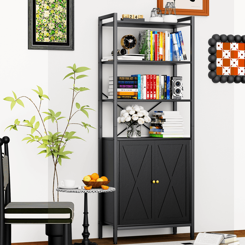 MONVANE Farmhouse Bookshelf and Bookcase with Doors, Crosshatch Design, 4 Shelves, 1 Pack, Black