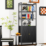 MONVANE Farmhouse Bookshelf and Bookcase with Doors, Crosshatch Design, 4 Shelves, 1 Pack, Black