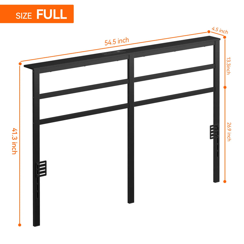 Behost Full Size Headboard with LED Lights and Power Outlet, Sturdy and Stable Metal Storage Shelves Headboard, Black