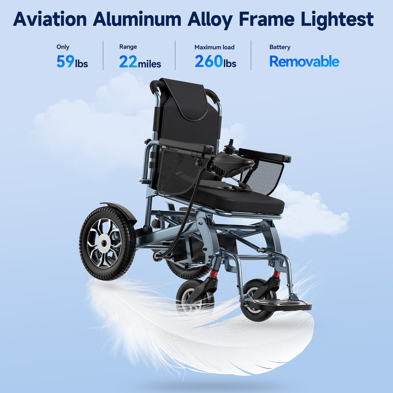 SACVON Lightweight Electric Wheelchair for Adults,Only 59 Lbs All Terrain Motorized Wheelchair,22 Miles Long Travel Range,2 Storage Bags