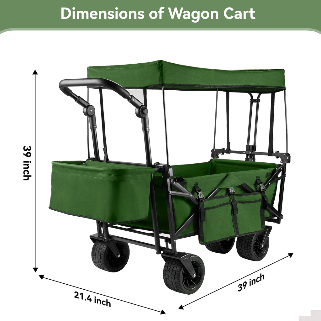 Collapsible Garden Wagon Cart with Removable Canopy, VECUKTY Foldable Wagon Utility Carts with Wheels and Rear Storage, Wagon Cart for Garden Camping Grocery Shopping Cart, Green
