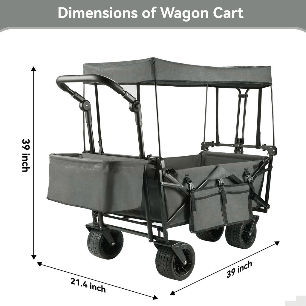 Collapsible Garden Wagon Cart with Removable Canopy, VECUKTY Foldable Wagon Utility Carts with Wheels and Rear Storage, Wagon Cart for Garden Camping Grocery Shopping Cart, Gray