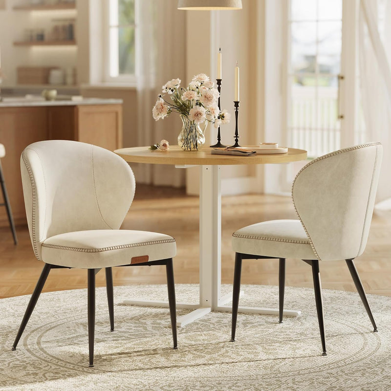 Set of 2 PU Leather Dining Chairs with Fan-Shaped Back, Modern Upholstered Kitchen Chairs with Padded Seat and Metal Legs – Brown