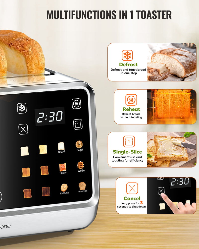 Keenstone Toaster 4 Slice, Digital Smart Toaster with TouchScreen, Dual Control Panel, Single Slot Toasting, Timer, Reheat & Defrost for Bagels, Bread, Waffles, Stainless Steel Kitchen Essentials