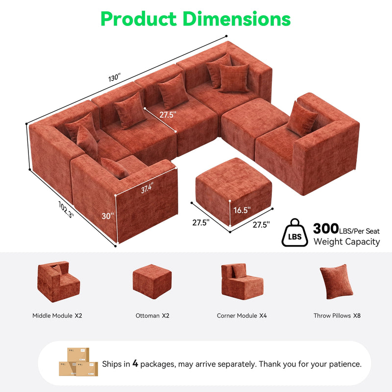 BEHOST 130" 8-Piece Modular Sectional Sofa, Boneless Cloud Couch with Extra Deep Seats, Washable Chenille Sofa Set for Living Room, Chenille Rust