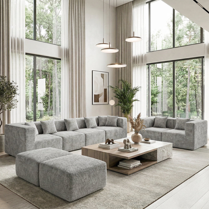 BEHOST 130" 8-Piece Modular Sectional Sofa, Boneless Cloud Couch with Extra Deep Seats, Washable Chenille Sofa Set for Living Room, Chenille Light Gray
