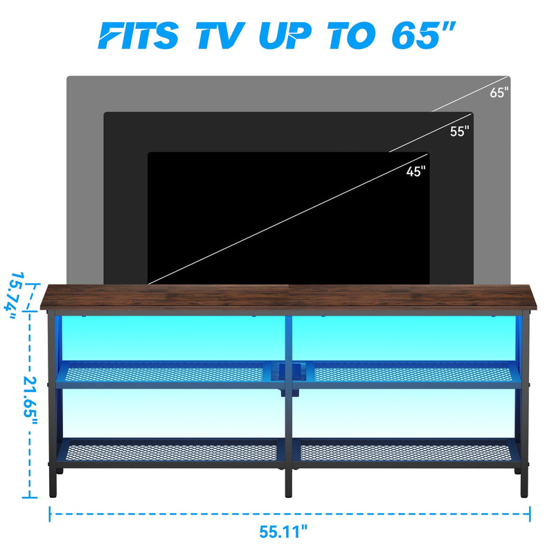 Behost 55 inch TV Stand for 65 inch TV, TV Cabinet with 20 Colors LED Lights for Living Room, Brown