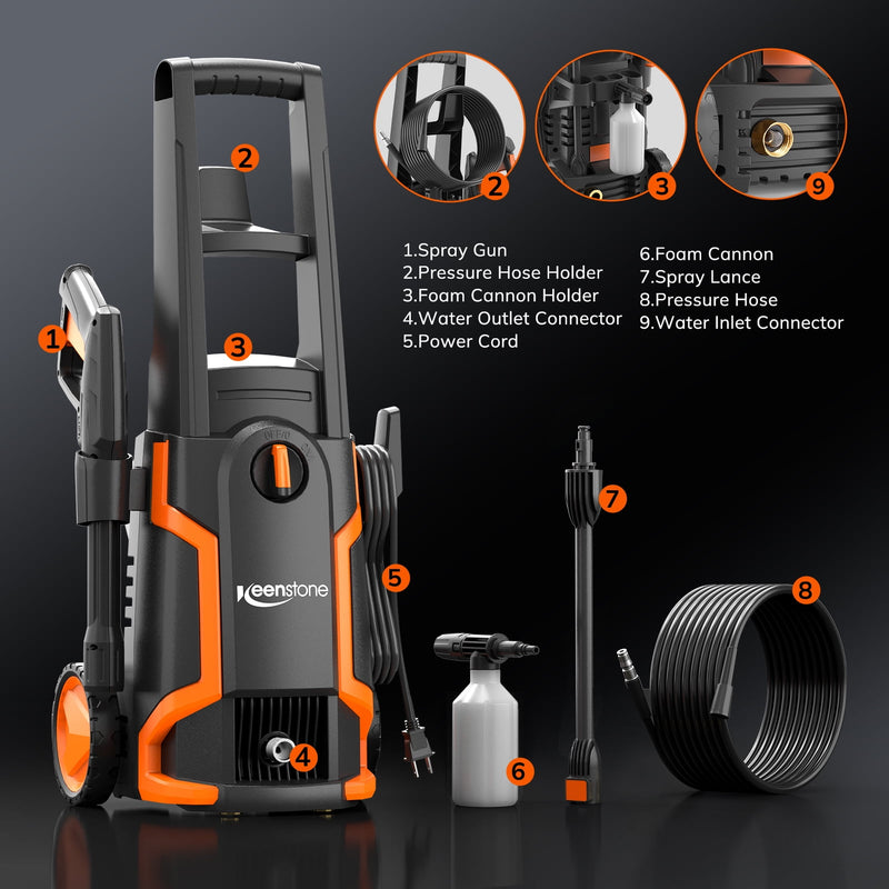 Keenstone 3600 PSI Electric Pressure Washer , Max 2 GPM 220V with Adjustable Nozzle 0-120°,Foam Cannon for Cleaning Cars Patios Driveways Fences Pools