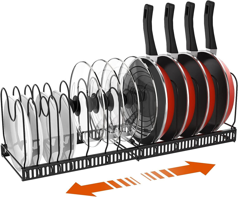 MONVANE Expandable Pot and Pan Organizer for Cabinet, Pot Pan Rack for Kitchen Storage, Pot Lid Holder, 14 Adjustable Dividers, Apartment Must Haves
