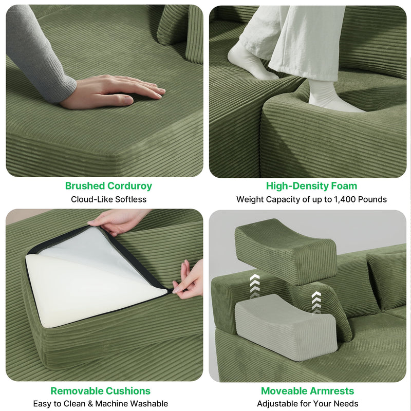 Behost 140" Modular Sectional Sofa for Living Room, U Shaped Chenille Cloud Couch Sleeper Bed, Green