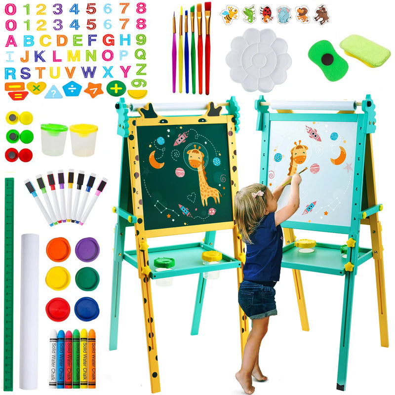 Keenstone Deer Art Easel for Kids Easel Set with 100+ Painting Gifts,Chalkboard Dual Magnetic Whiteboard,Painting Stand with Paper for Ages 3 and up Kids Children Toddler
