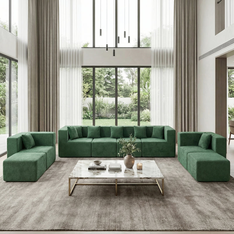 BEHOST 130" 8-Piece Modular Sectional Sofa with Ottomans, U-Shaped Pit Couch for Living Room, Modern Teddy Fabric Cloud Couch Set, Large Sleeper Sofa with Deep Seats, Forest Green