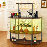 Wine Bar Cabinet with LED Lights and Power Outlets, Wine Rack Table for Liquor and Glasses for Home Kitchen Dining Room, White/Brown