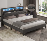MONVANE Full Bed, Upholstered Bed Frame with Drawer and Charging Station, Grey