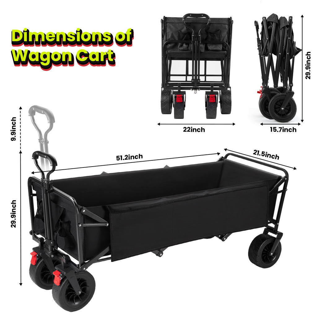 Extra Large Collapsible Garden Cart, VECUKTY Folding Wagon Utility Carts with Wheels and Rear Storage, Wagon Cart for Garden, Camping, Grocery Cart, Shopping Cart, Black
