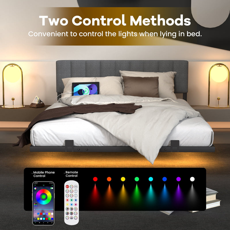 Behost Full Size Floating Bed Frame Upholstered with LED Lights and Built-in Charging Station, Metal Bed Frame, Gray