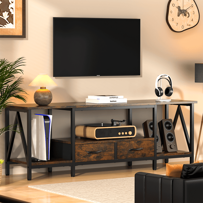 Behost TV Stand for 75 Inch, Dresser TV Stand with 2 Large Dresser Drawers, Entertainment Center with 3 Open Storage Shelf, Rustic Brown, Large