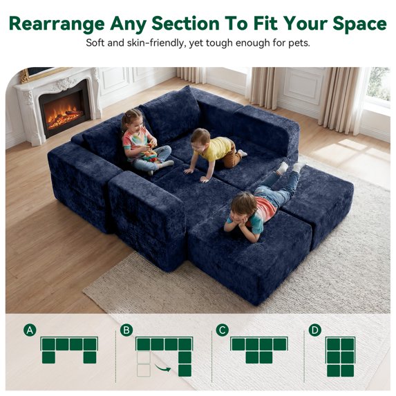 BEHOST 6-Piece 130" U-Shaped Modular Sectional Sofa, Velvet Cloud Sleeper Couch with Dog Bed & 2 Movable Ottomans, Oversized Deep Seat Living Room Furniture Set,Navy Blue