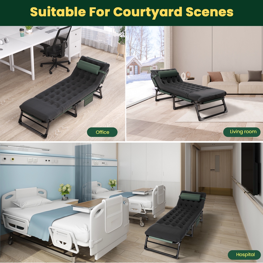 Oversized 29.5in Portable Folding Outdoor Cot Bed 3 in 1 Adjustable 4 Positions Reclining Lounge Chairs with Pillow Emergency Sleepover Bed