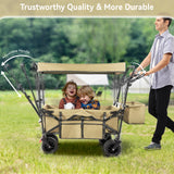 Collapsible Garden Wagon Cart with Removable Canopy, VECUKTY Foldable Wagon Utility Carts with Wheels and Rear Storage, Wagon Cart for Garden Camping Grocery Shopping Cart, Beige